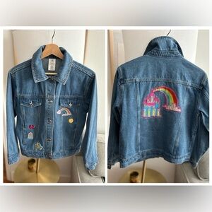 Disney Girls Jean Jacket Princess Theme Appliqué Castle Flounder Rainbow Size 13
